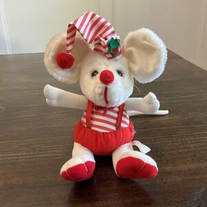 Vintage Kamar Christmas Mouse Plush White Red Striped Hat Overalls 8" Holiday